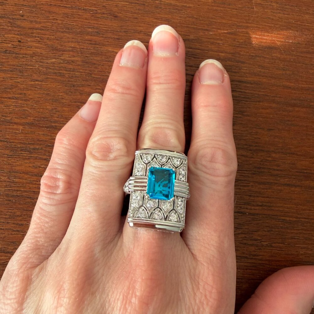 Vivid Blue Quartz Art Deco Sterling Silver & White Zircon Ring